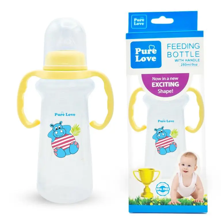 Pure Love Baby Feeding Bottle with Handle 280ml (9oz) | Trophy Shape Transparent Feeder with Regular Nipple Pack of 3 Peices
