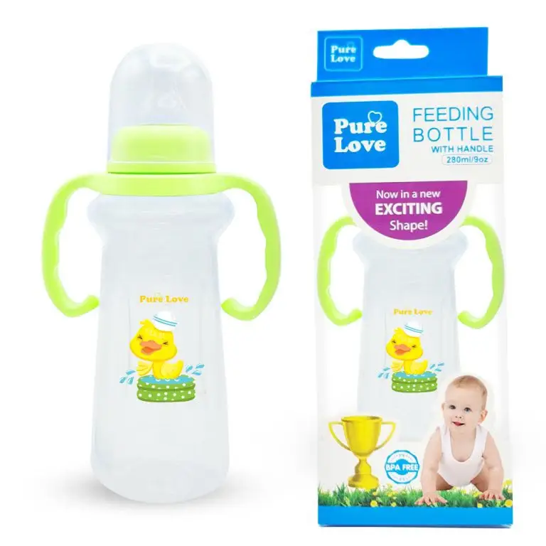 Pure Love Baby Feeding Bottle with Handle 280ml (9oz) | Trophy Shape Transparent Feeder with Regular Nipple Pack of 3 Peices