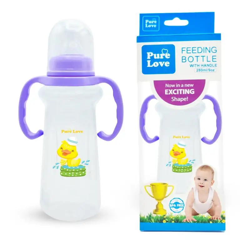 Pure Love Baby Feeding Bottle with Handle 280ml (9oz) | Trophy Shape Transparent Feeder with Regular Nipple Pack of 3 Peices