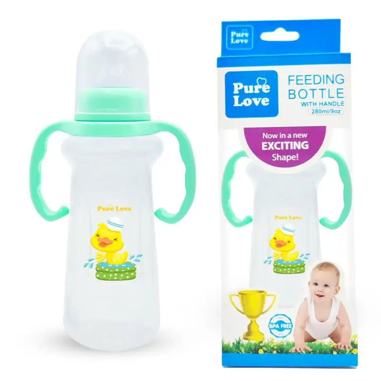 Pure Love Baby Feeding Bottle with Handle 280ml (9oz) | Trophy Shape Transparent Feeder with Regular Nipple Pack of 3 Peices