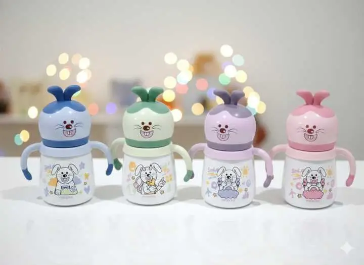 330ml Minitree Baby Milk Feeder - Colorful Cartoon Bottle with Bare Flow Nipple & Anti-Colic