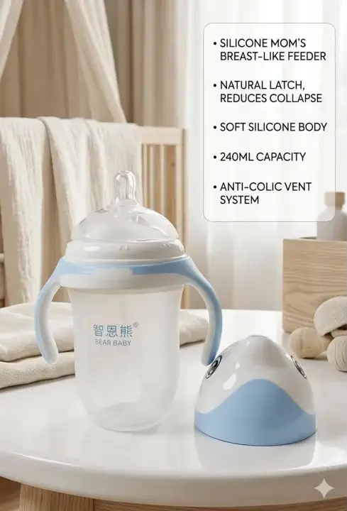 Breast-Like Baby Feeding Bottle 240ml /150ml – Wide Neck Silicone Milk Bottle with Soft Nipple, Natural Breast Shape Design, Anti-Colic Vent, BPA Free, Easy Grip Handles & Cute Cartoon Cover (Blue/Pink)” 150ml