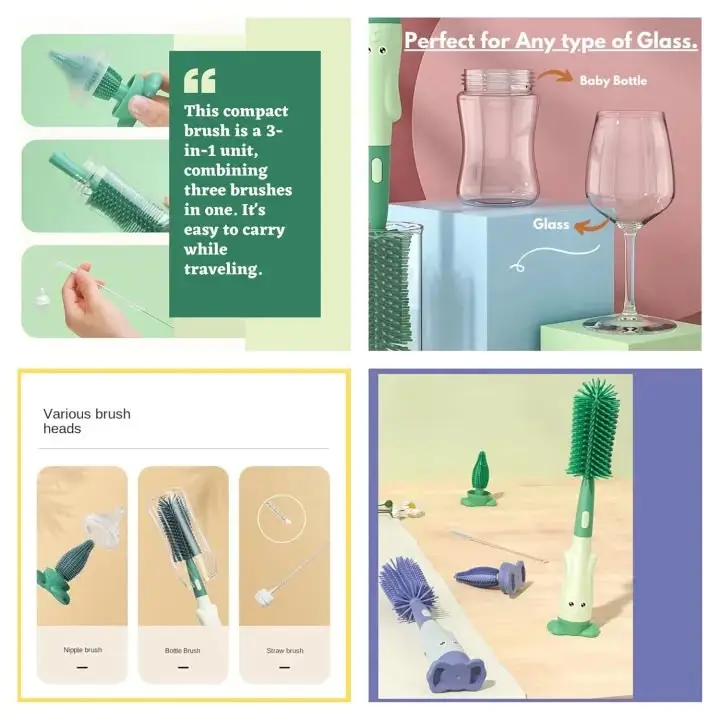 3 in 1 Baby Bottle Brushes For Cleaning Multifunctional Baby Bottle Brush Straw Brush, Pacifier and Feeder Bottle Cleaner Brush With Soft Silicone Bristle Cute Stand Water Bottle Brush Baby Supplies For Cleaning Tools for Home