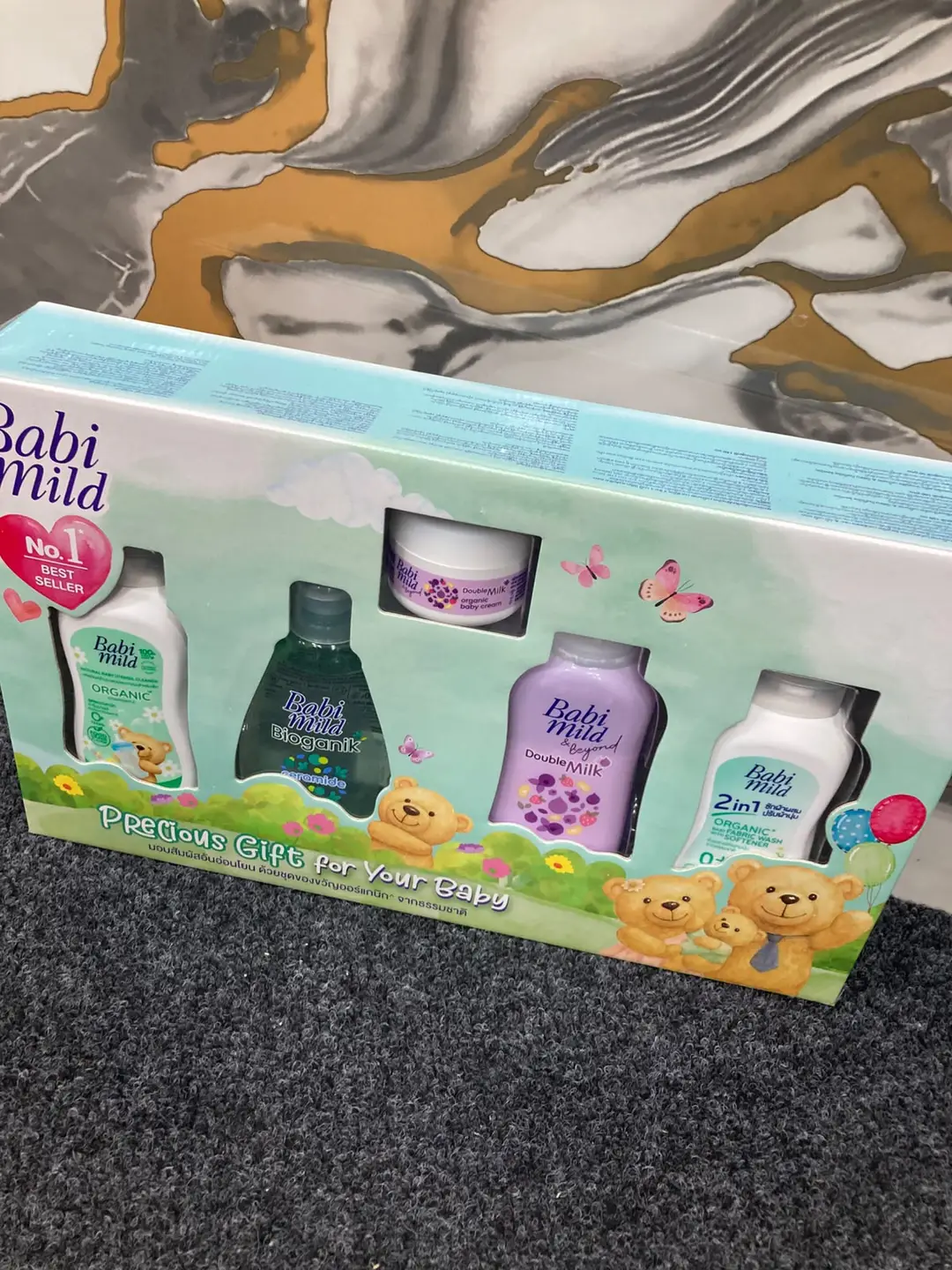 Baby Gift Pack babi Mild Made in Thailand imported 100% Organic product 5 peices Set/ Bioganik Bath(180g), Double Milk Cream(50g), Double Milk Powder (160g),Feeder Wash (180g),Fibric Wash 2in1(180g)