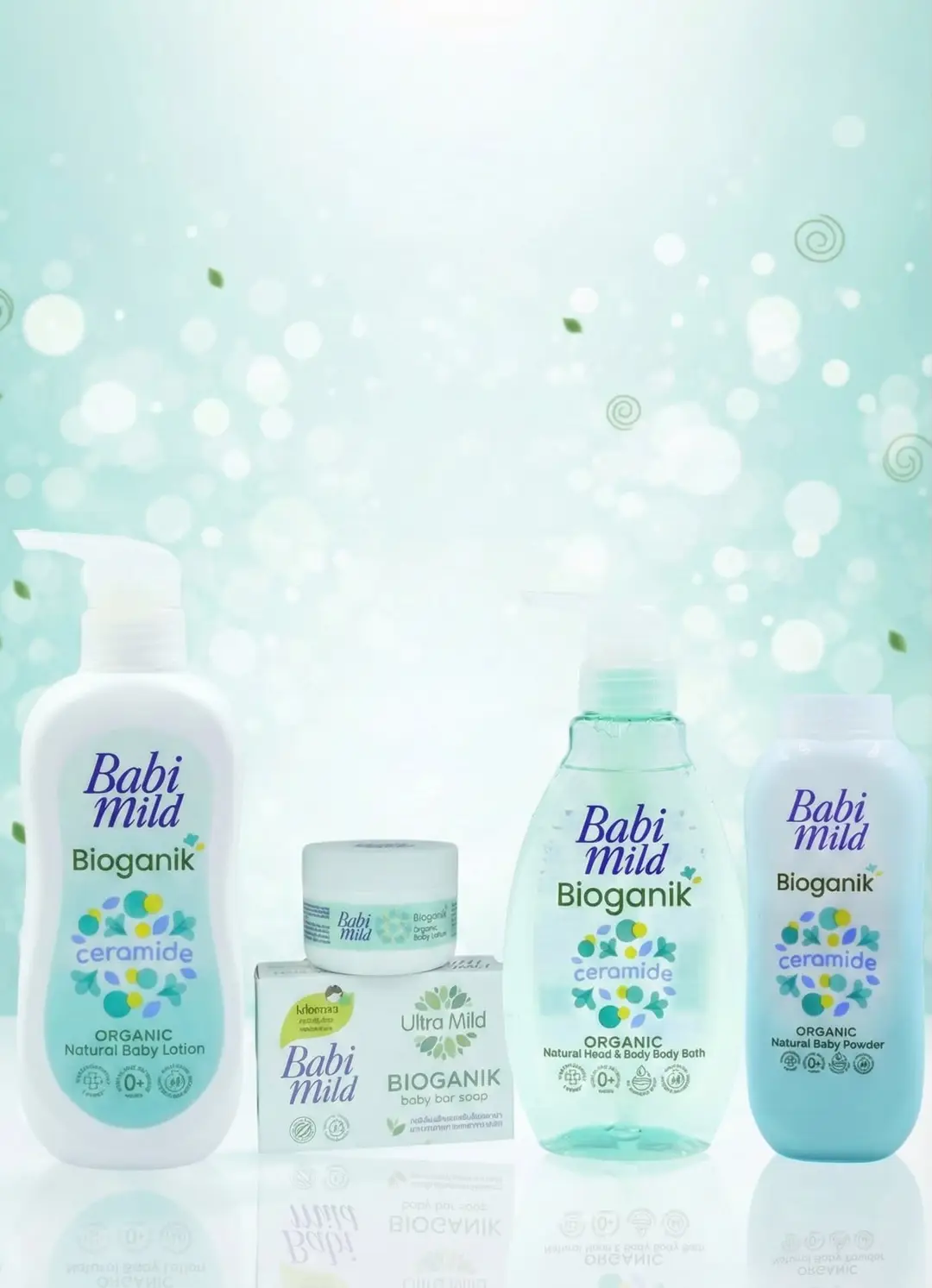 Babi Mild Bioganik Ceramide Complete Baby Care Essentials Set - Organic Natural Head & Body Bath, Baby Lotion, Baby Powder, Baby Cream & Bar Soap Kit for Newborns & Sensitive Skin/ Made in Thailand