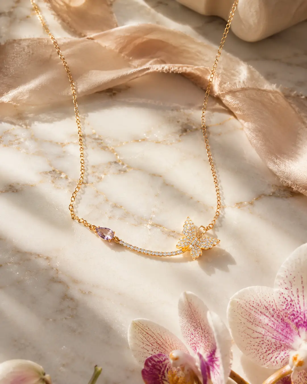 Butterfly Design Gold Plated Zircon Necklace
