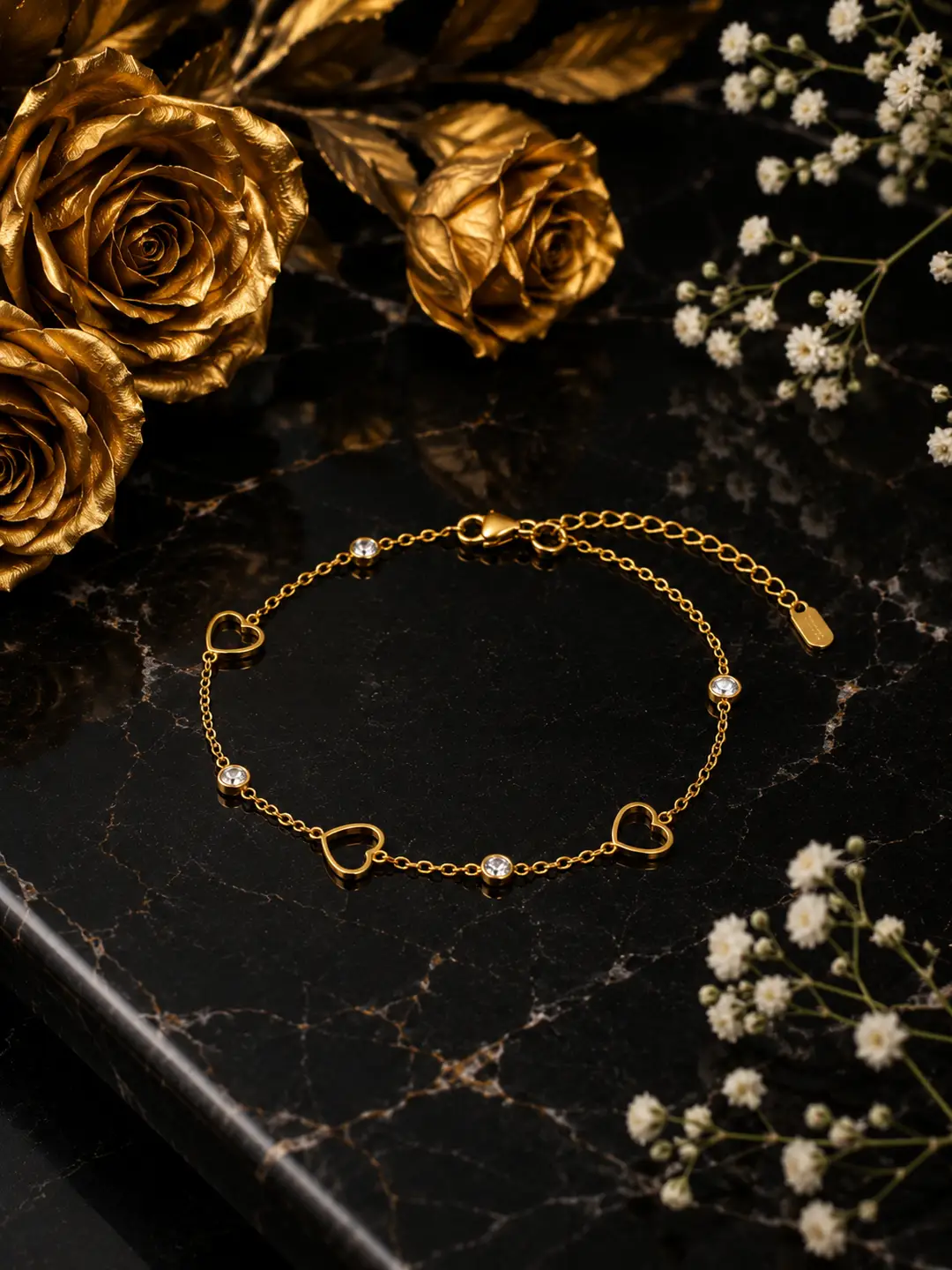 Gold Heart Bracelet for Women | 304 Stainless Steel Adjustable Bracelet with Crystal Accents | Waterproof & Tarnish Resistant | Casual, College & Party Wear | Sultana Jewelry Collection