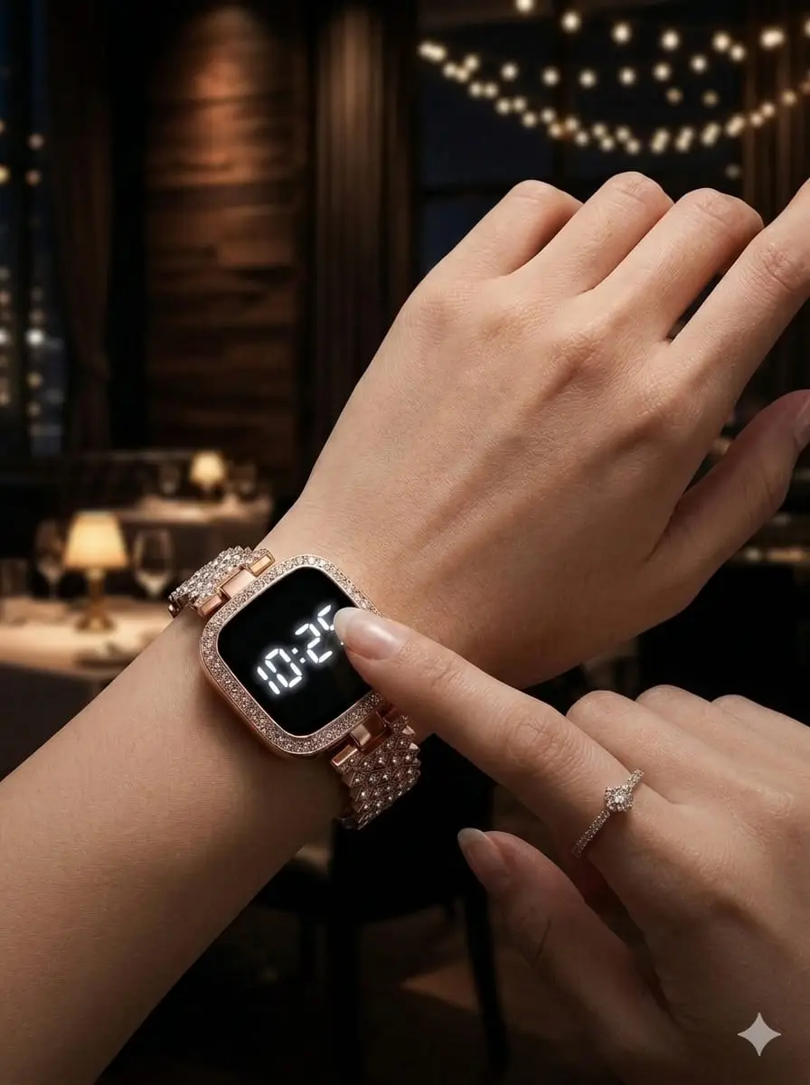Women's Diamond Pavé Digital LED Watch | Rose Gold & Silver Rhinestone Bracelet Watch | Square Face Sparkly Wristwatch