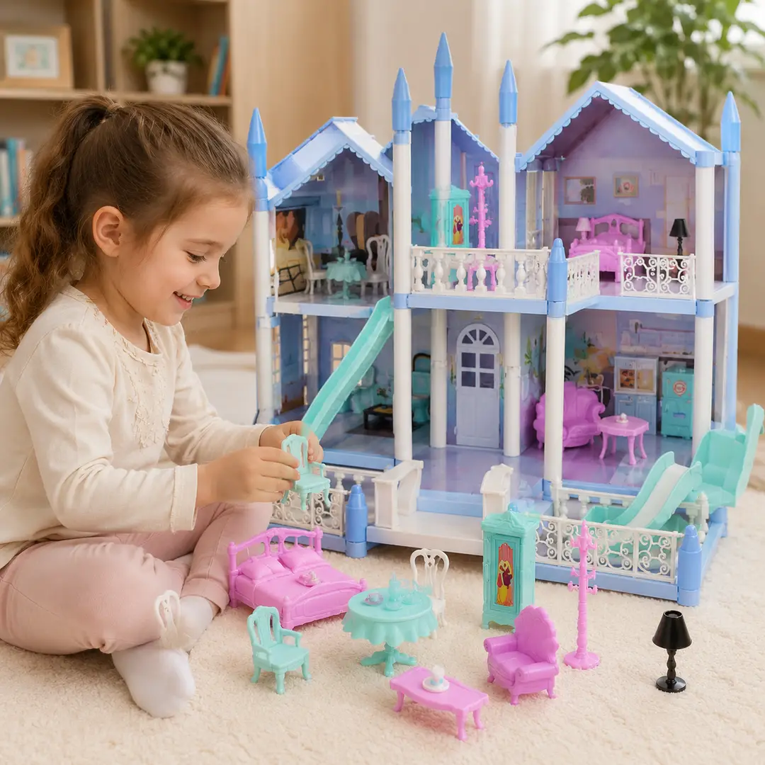 Large DIY Princess Castle Dollhouse Playset with Furniture & Room Accessories for Kids Ages 6+