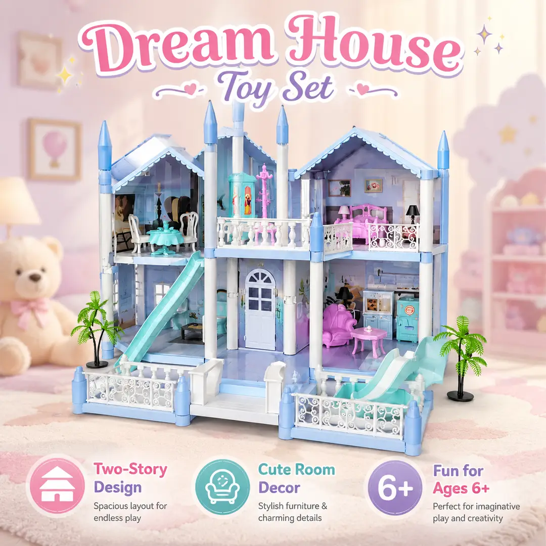 Large DIY Princess Castle Dollhouse Playset with Furniture & Room Accessories for Kids Ages 6+