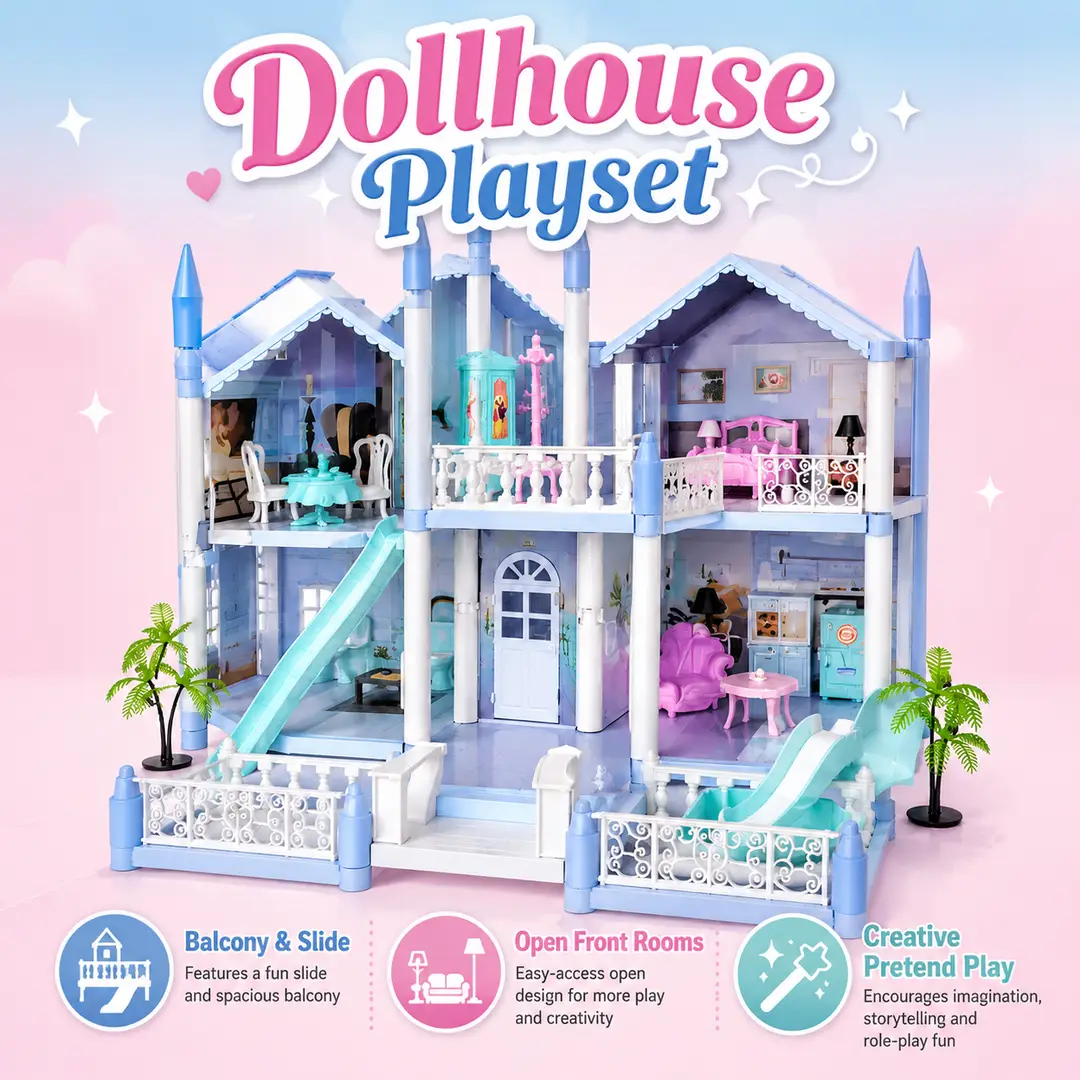 Large DIY Princess Castle Dollhouse Playset with Furniture & Room Accessories for Kids Ages 6+
