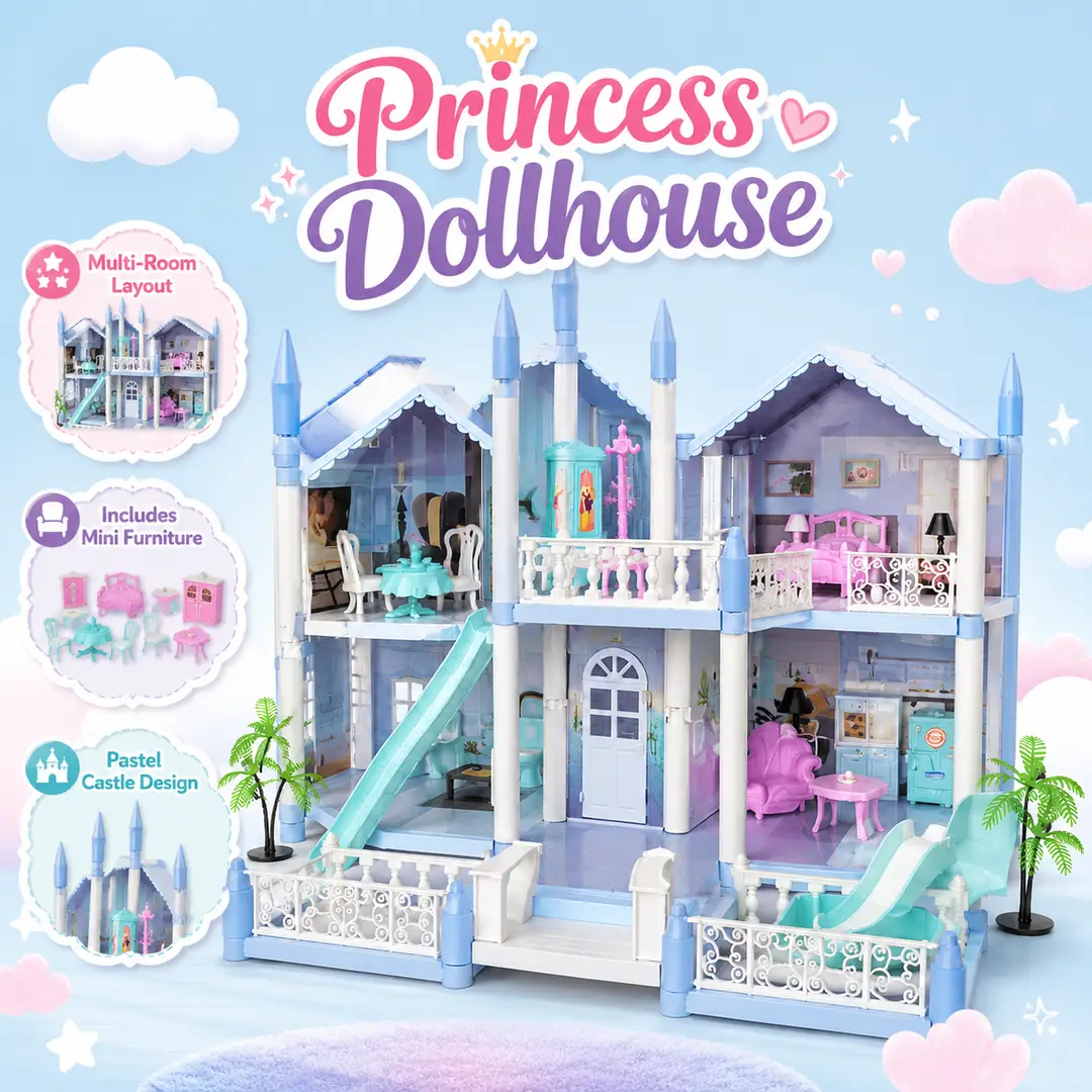 Large DIY Princess Castle Dollhouse Playset with Furniture & Room Accessories for Kids Ages 6+