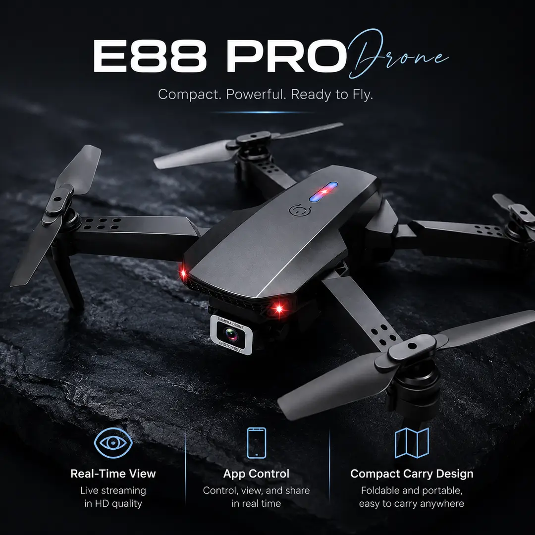 E88 Pro Foldable Drone with HD Camera, LED Lights & Remote Control – Black,White