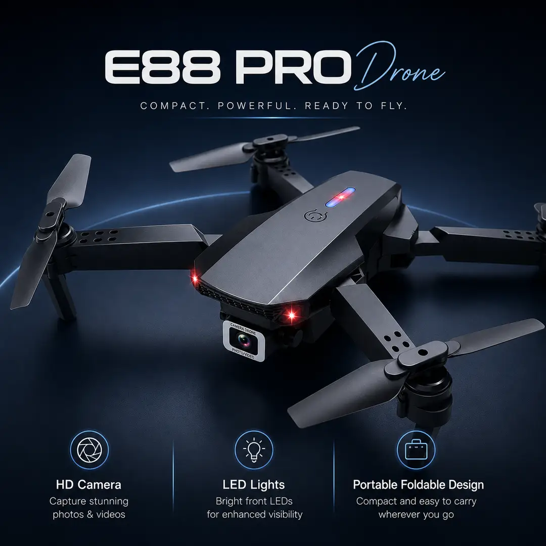 E88 Pro Foldable Drone with HD Camera, LED Lights & Remote Control – Black,White