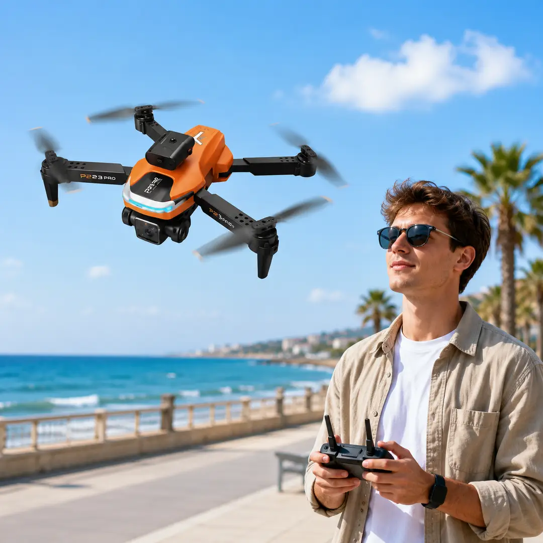 P23 Pro Foldable Camera Drone with Obstacle Avoidance, LED Lights & Remote Control – Orange,Black Dual Camera