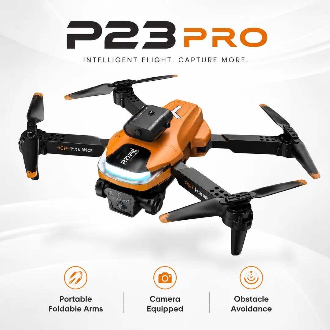 P23 Pro Foldable Camera Drone with Obstacle Avoidance, LED Lights & Remote Control – Orange,Black Dual Camera