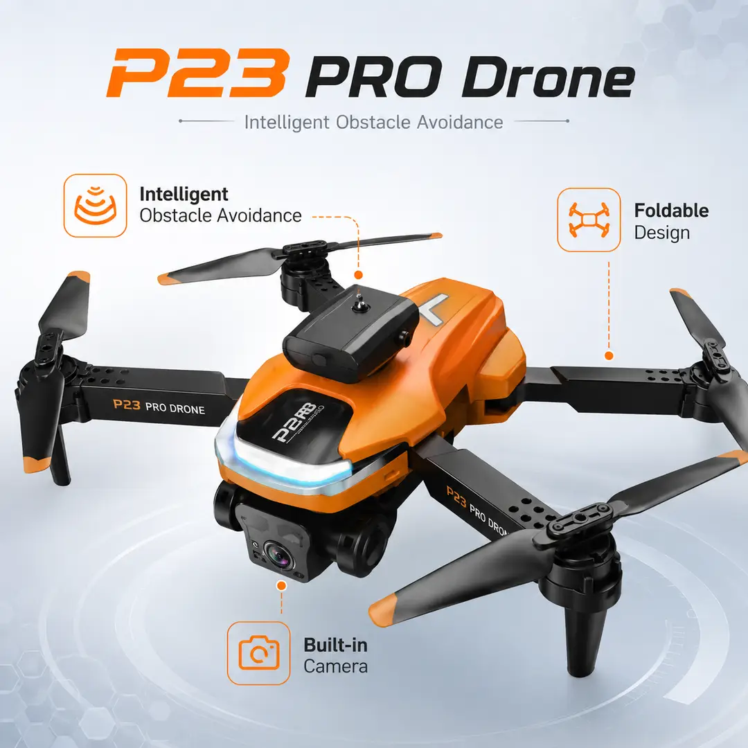 P23 Pro Foldable Camera Drone with Obstacle Avoidance, LED Lights & Remote Control – Orange,Black Dual Camera