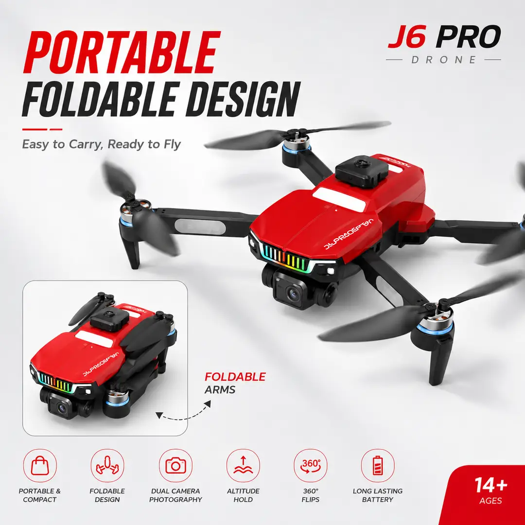 J6 Pro Foldable Dual Camera Drone with Altitude Hold, 360° Flips & Remote Control – Red