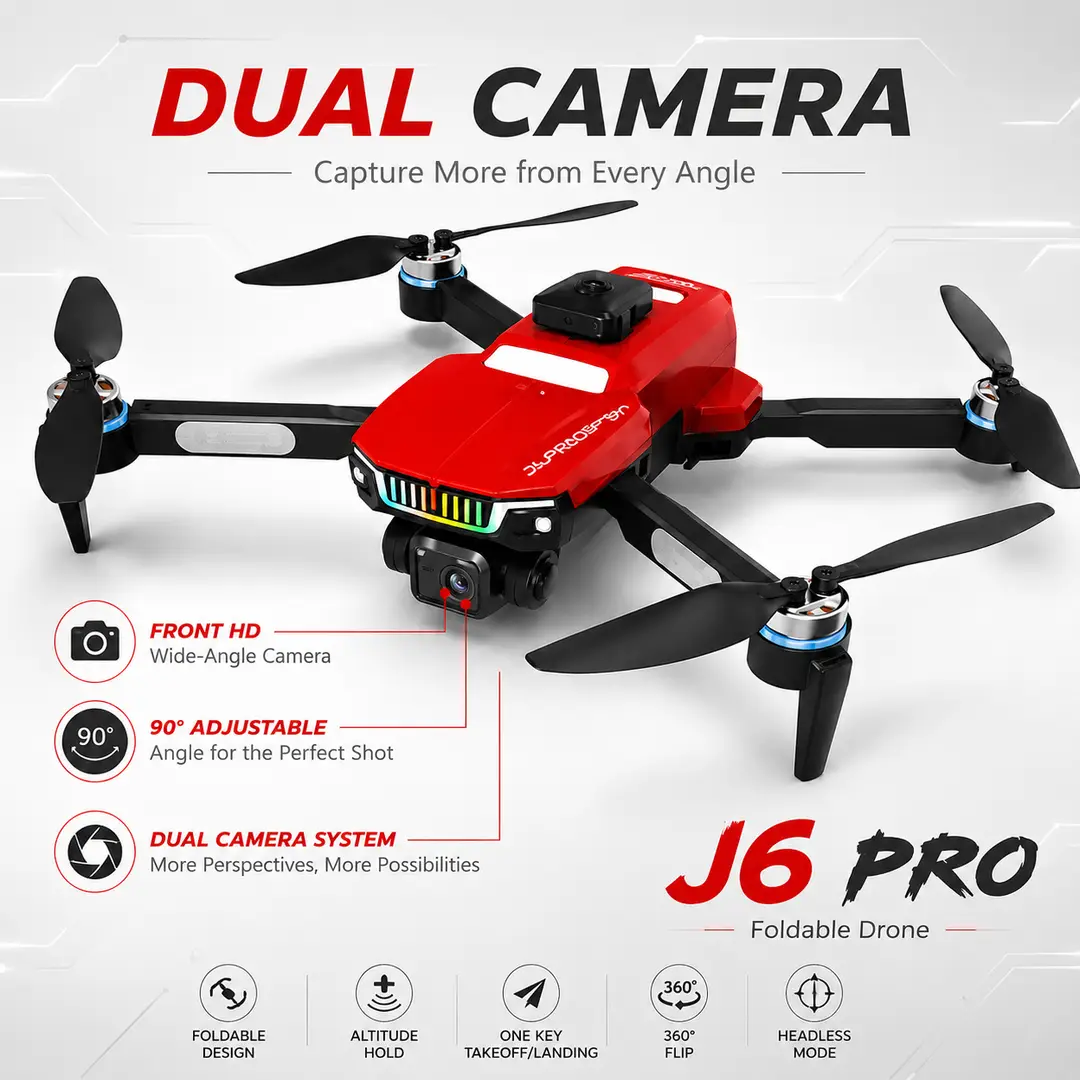 J6 Pro Foldable Dual Camera Drone with Altitude Hold, 360° Flips & Remote Control – Red