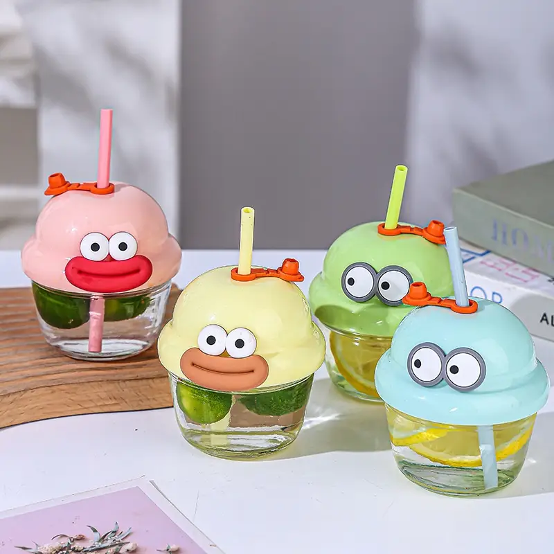 Cute Cartoon Ice Cream Cup with Straw – Kids Drinking Cup with Lid – Reusable Juice & Water Cup for Children