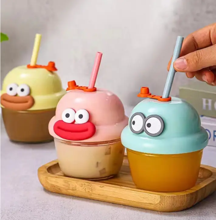 Cute Cartoon Ice Cream Cup with Straw – Kids Drinking Cup with Lid – Reusable Juice & Water Cup for Children