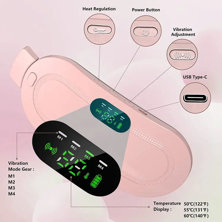 Period Cramp Relief Belt Portable Electric Menstrual Heating Pad with Massager | Rechargeable Heated Waist Belt | 3 Heat Levels | 4 Vibration Modes | Warm Compress for Menstrual Cramps, Back & Abdominal Pain Relief for Women & Girls