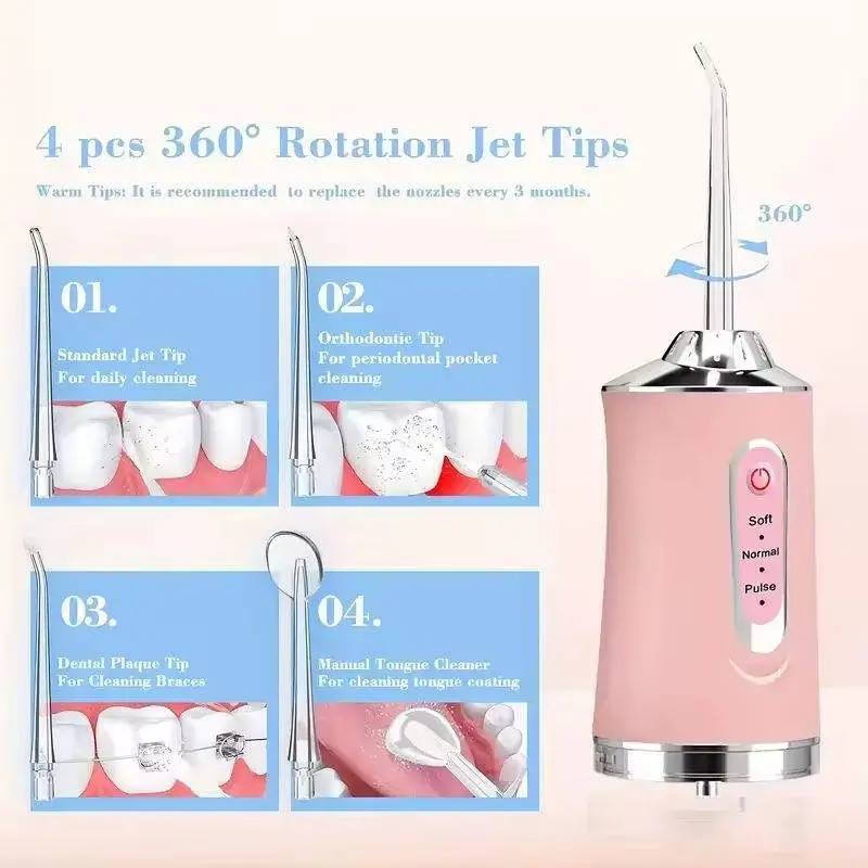 Portable Water Flosser Oral Irrigator – Rechargeable Dental Water Jet with 6 Interchangeable Tips