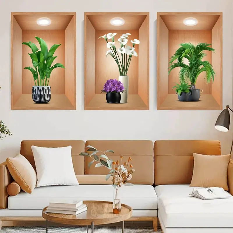 3Pcs 3D Wall Sticker Flower Pot Set – Decorative Self-Adhesive Wall Decals for Living Room, Bedroom & Office