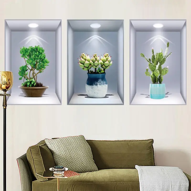 3Pcs 3D Wall Sticker Flower Pot Set – Decorative Self-Adhesive Wall Decals for Living Room, Bedroom & Office