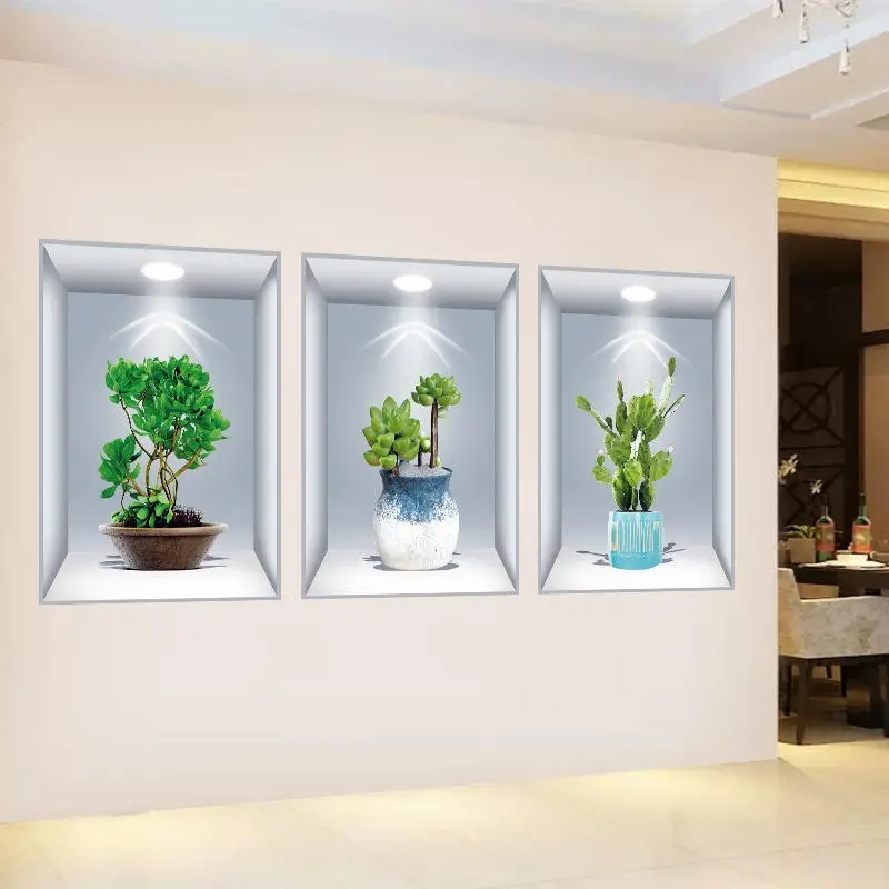 3Pcs 3D Wall Sticker Flower Pot Set – Decorative Self-Adhesive Wall Decals for Living Room, Bedroom & Office