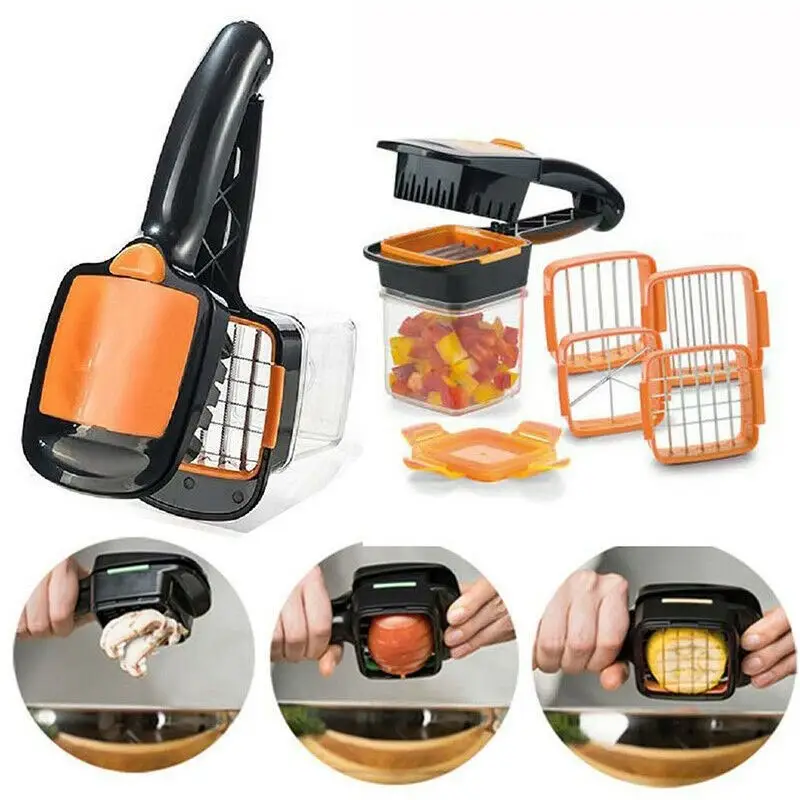 5-in-1 Manual Vegetable Chopper & Dicer | Multi-Function Vegetable Slicer with Interchangeable Blades, Food Container & Storage Box