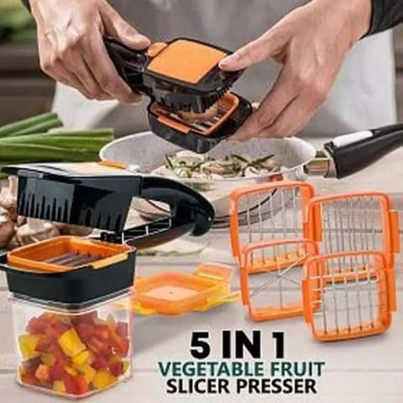5-in-1 Manual Vegetable Chopper & Dicer | Multi-Function Vegetable Slicer with Interchangeable Blades, Food Container & Storage Box