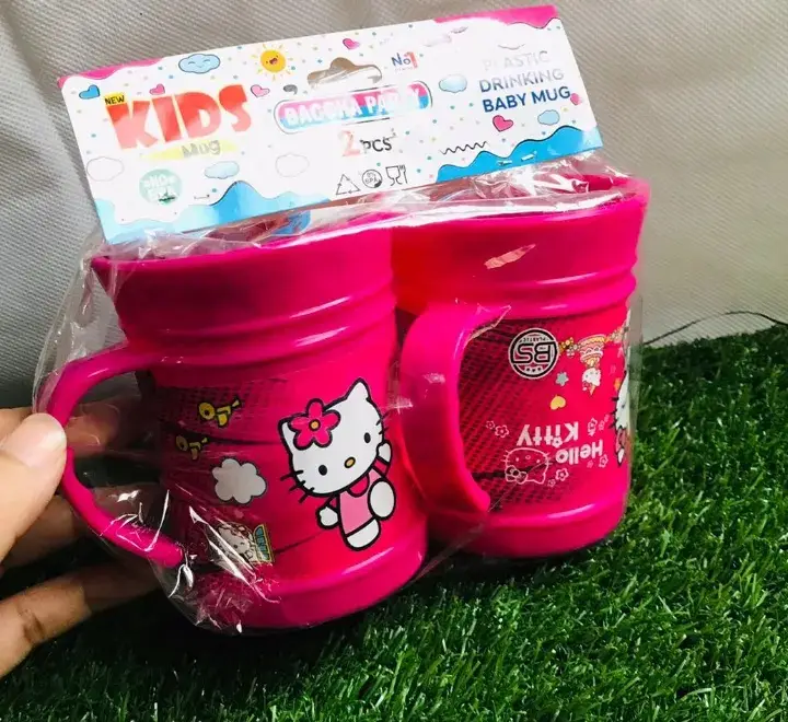 2Pcs Kids Plastic Drinking Mug Set – Cartoon Printed Reusable Water Cups with Handle for School & Home