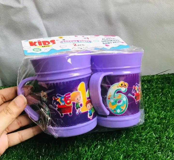 2Pcs Kids Plastic Drinking Mug Set – Cartoon Printed Reusable Water Cups with Handle for School & Home