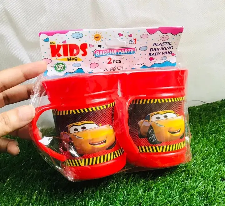 2Pcs Kids Plastic Drinking Mug Set – Cartoon Printed Reusable Water Cups with Handle for School & Home