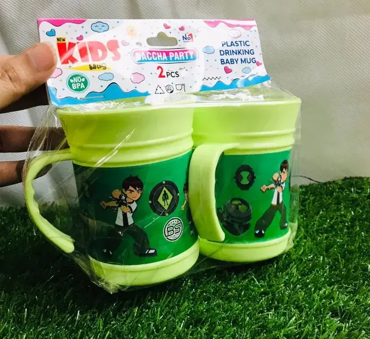 2Pcs Kids Plastic Drinking Mug Set – Cartoon Printed Reusable Water Cups with Handle for School & Home