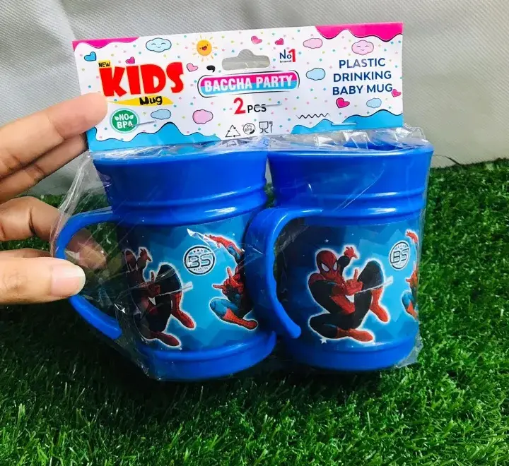 2Pcs Kids Plastic Drinking Mug Set – Cartoon Printed Reusable Water Cups with Handle for School & Home