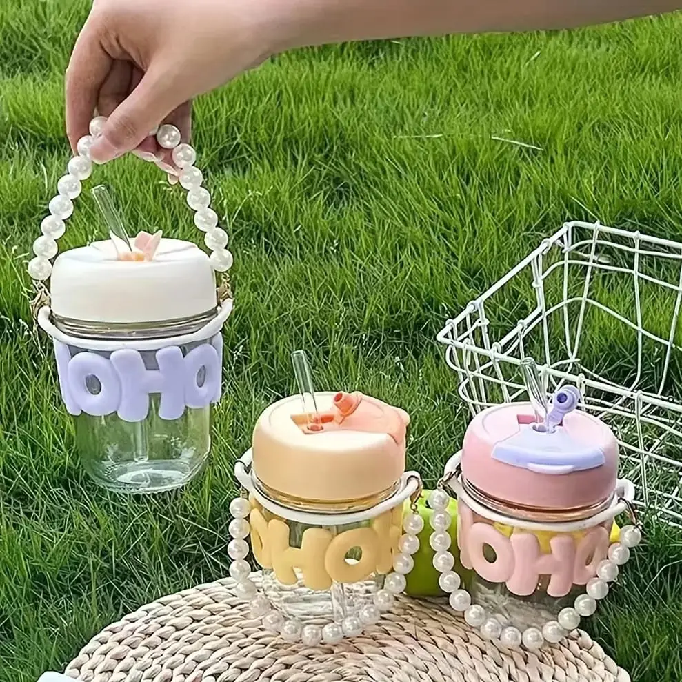 Cute Glass Water Bottle with Straw & Pearl Handle – Portable Leakproof Drinking Bottle for Kids & Girls