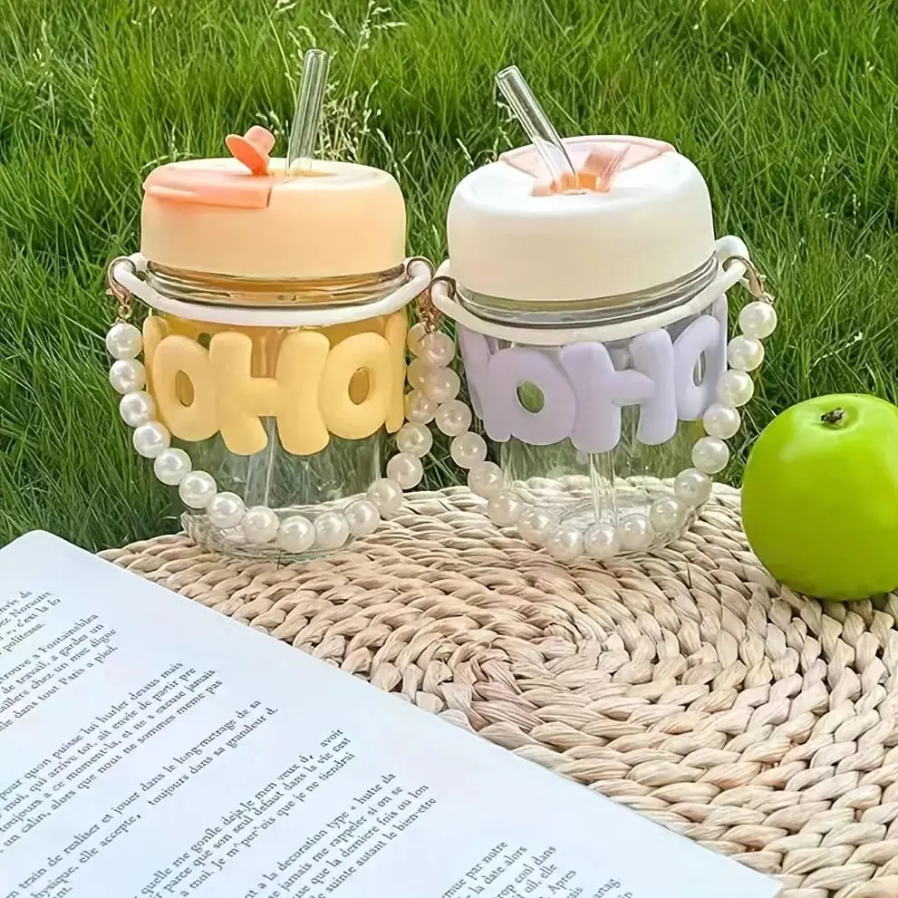 Cute Glass Water Bottle with Straw & Pearl Handle – Portable Leakproof Drinking Bottle for Kids & Girls
