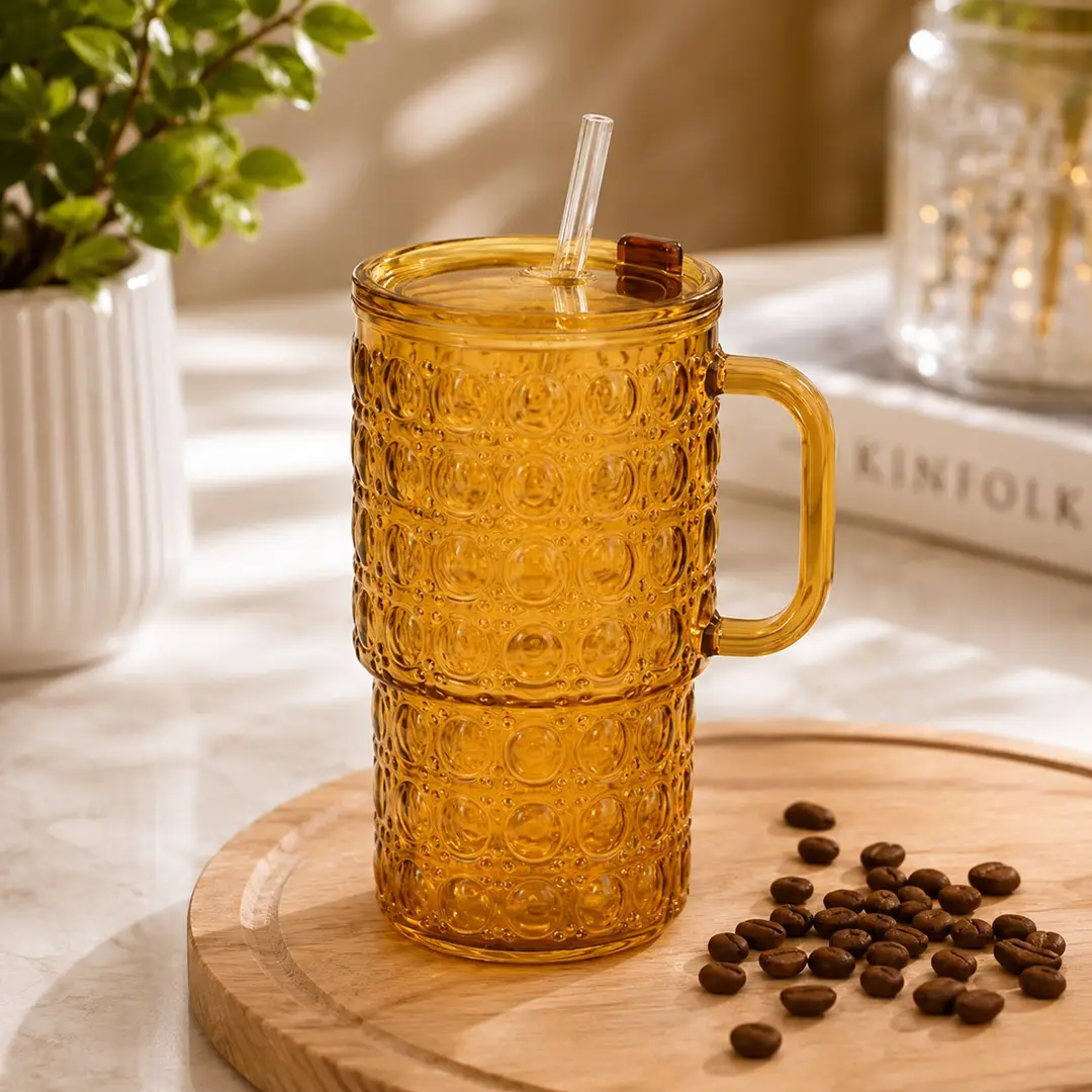 500ML Glass Tumbler with Handle & Straw – Bubble Design Drinking Cup with Lid – Reusable Iced Coffee, Juice & Smoothie Glass Mug