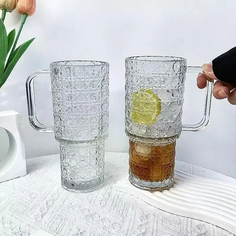 500ML Glass Tumbler with Handle & Straw – Bubble Design Drinking Cup with Lid – Reusable Iced Coffee, Juice & Smoothie Glass Mug