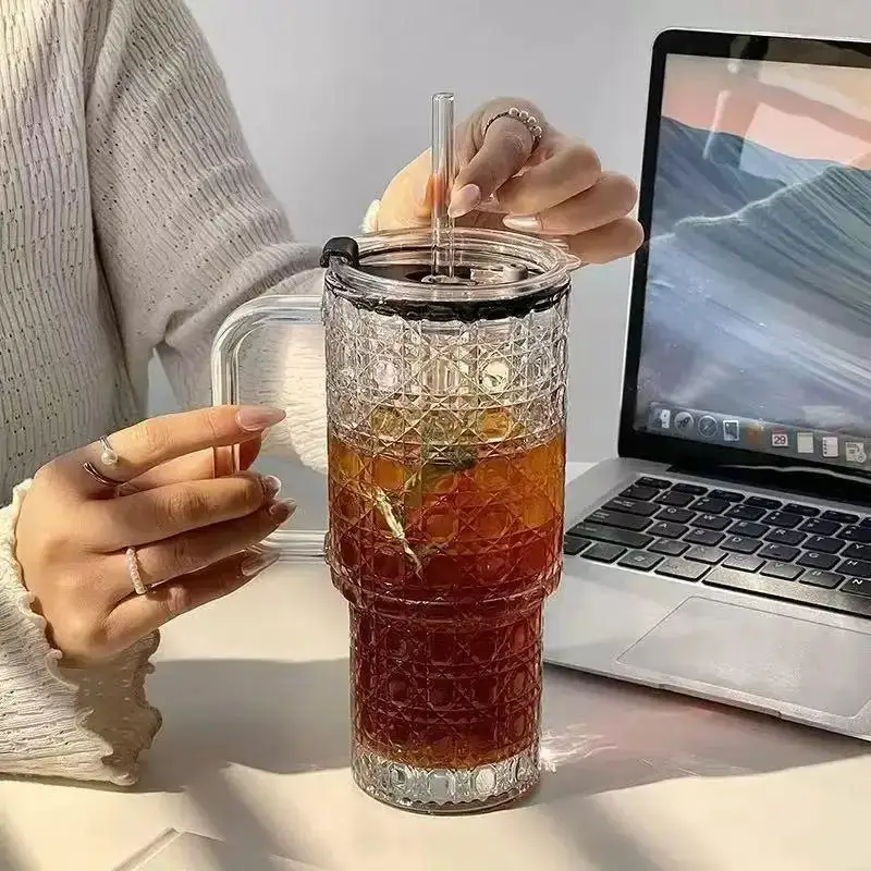 500ML Glass Tumbler with Handle & Straw – Bubble Design Drinking Cup with Lid – Reusable Iced Coffee, Juice & Smoothie Glass Mug