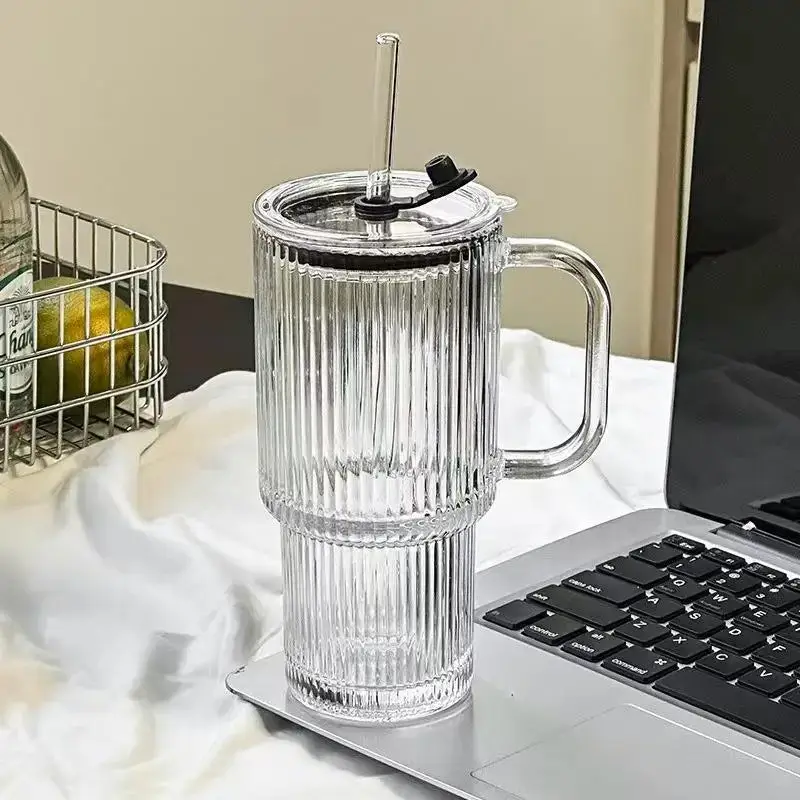 500ML Glass Tumbler with Handle & Straw – Bubble Design Drinking Cup with Lid – Reusable Iced Coffee, Juice & Smoothie Glass Mug