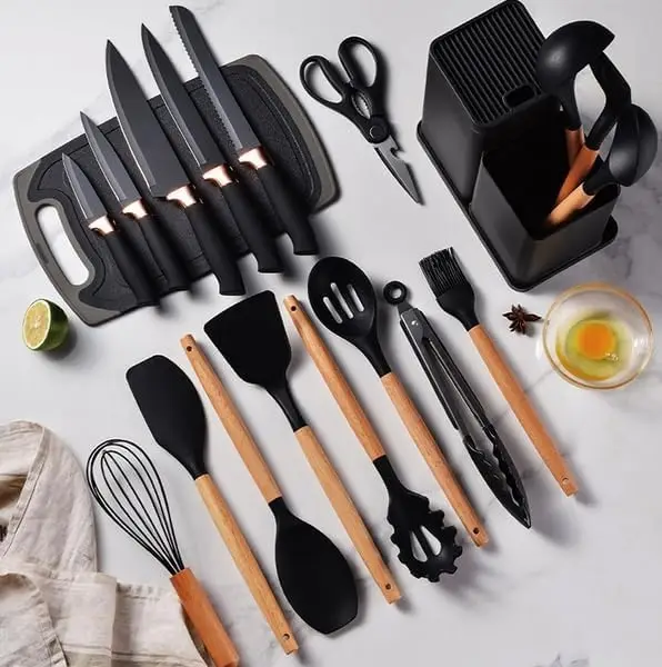 19 PCS Premium Kitchen Knife & Silicone Utensil Set with Holder | Non-Stick Cooking Utensils | Stainless Steel Knife Set | Kitchen Tool Set with Chopping Board
