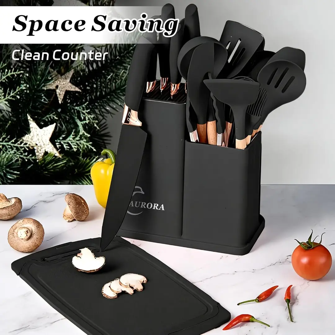 19 PCS Premium Kitchen Knife & Silicone Utensil Set with Holder | Non-Stick Cooking Utensils | Stainless Steel Knife Set | Kitchen Tool Set with Chopping Board