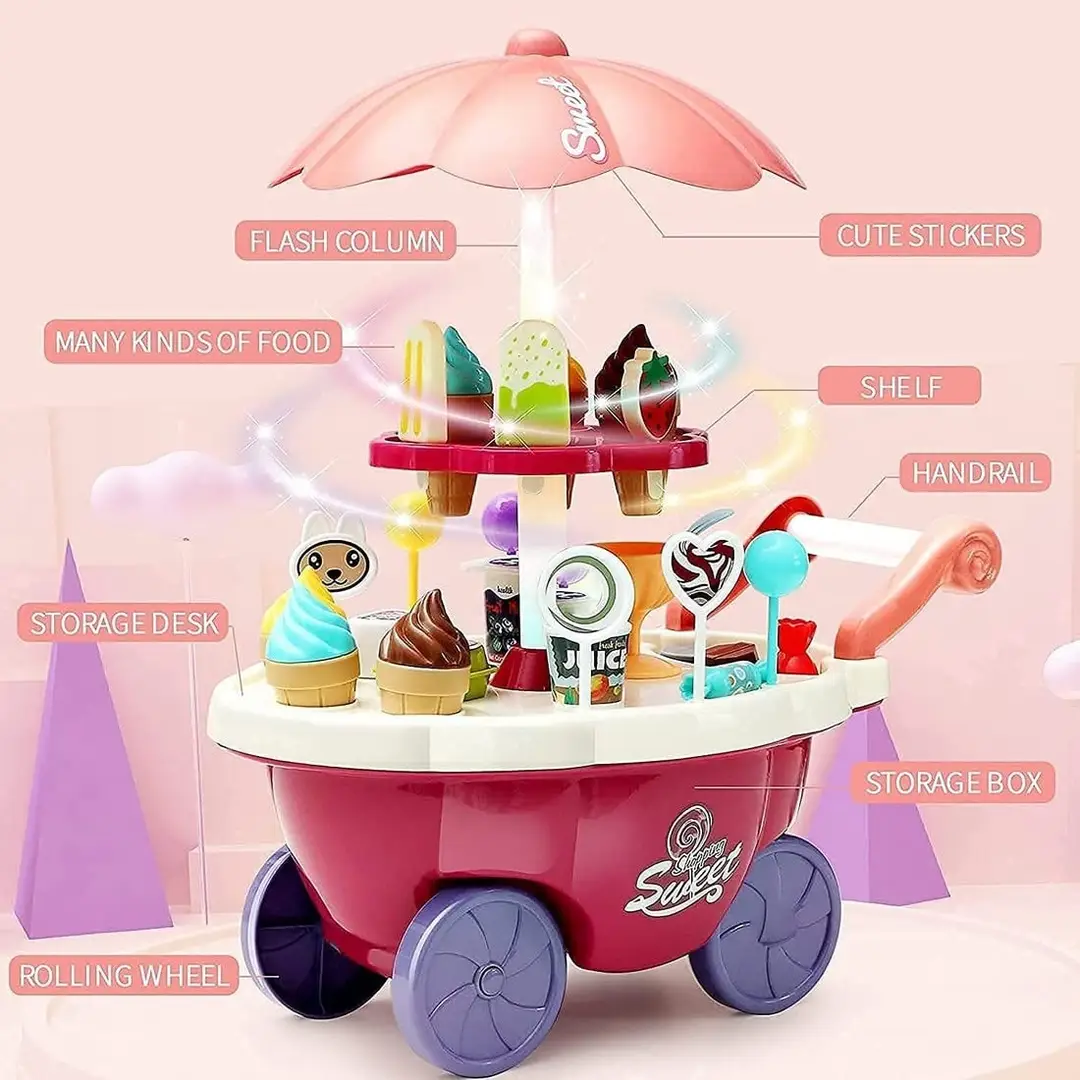 Kids Ice Cream Cart Toy Set with Accessories – Pretend Play Dessert Shop Trolley for Children | Educational & Role Play Toy for Boys & Girls