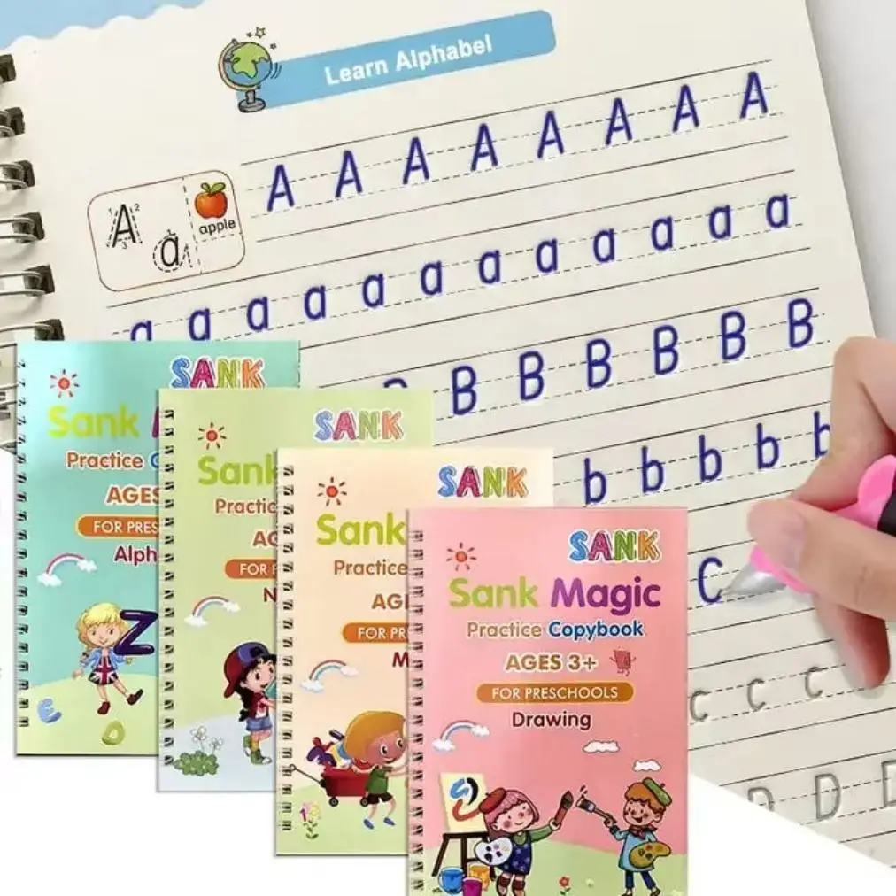 Magic Practice Copybook 4 PCS Set for Kids – Reusable Handwriting Books with Magic Pen & Refills | Learn Alphabet, Numbers, Math & Drawing (Ages 3+)