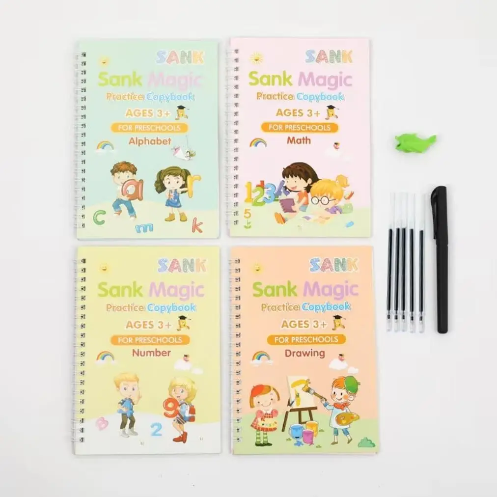 Magic Practice Copybook 4 PCS Set for Kids – Reusable Handwriting Books with Magic Pen & Refills | Learn Alphabet, Numbers, Math & Drawing (Ages 3+)