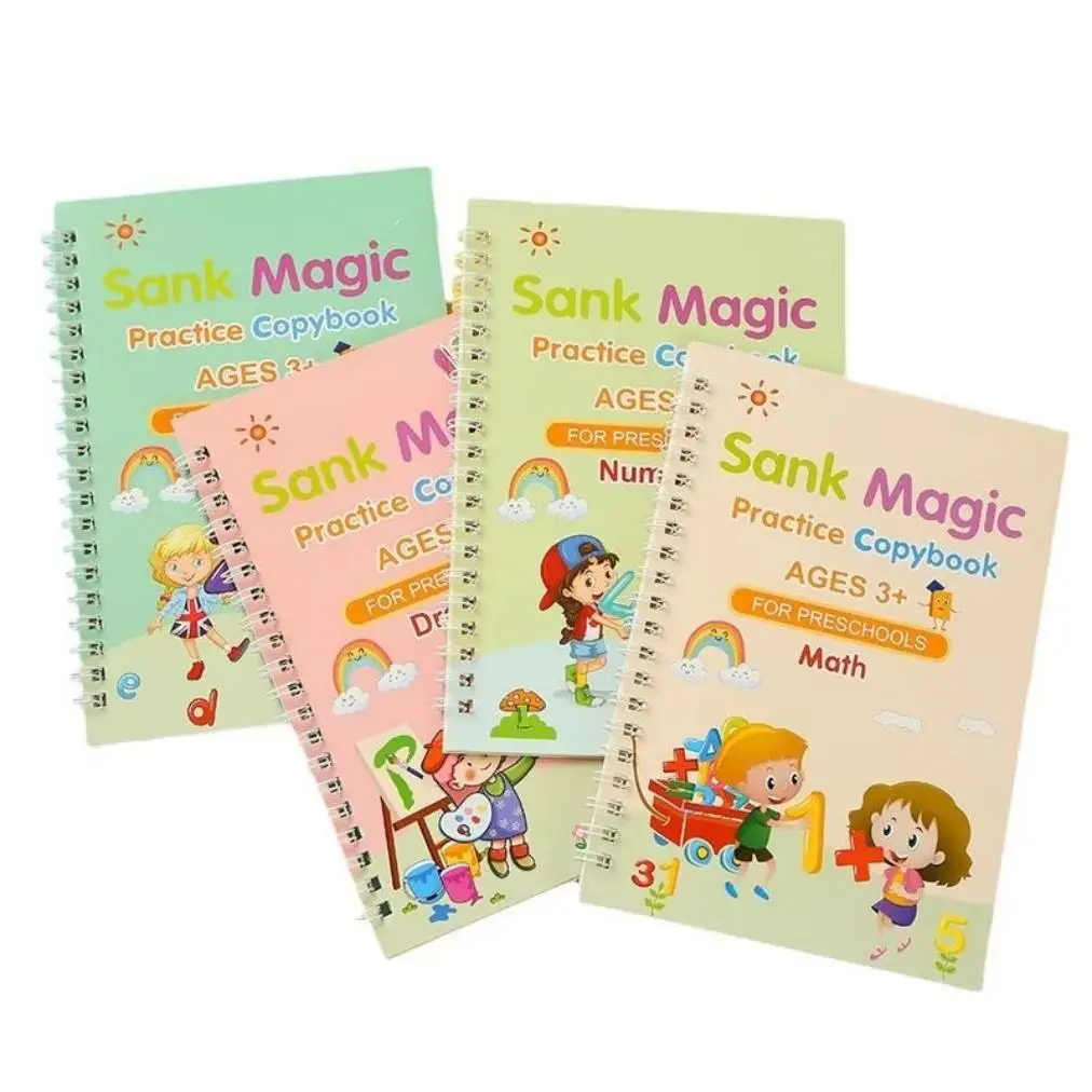 Magic Practice Copybook 4 PCS Set for Kids – Reusable Handwriting Books with Magic Pen & Refills | Learn Alphabet, Numbers, Math & Drawing (Ages 3+)