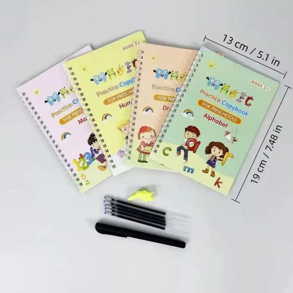 Magic Practice Copybook 4 PCS Set for Kids – Reusable Handwriting Books with Magic Pen & Refills | Learn Alphabet, Numbers, Math & Drawing (Ages 3+)